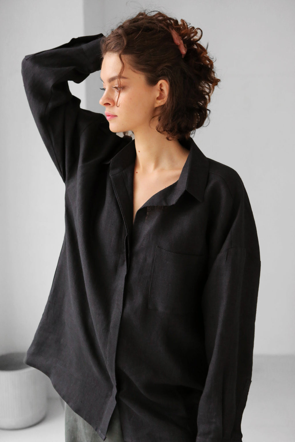 Oversized Linen Shirt Azolla in Black Top for Women - gallery