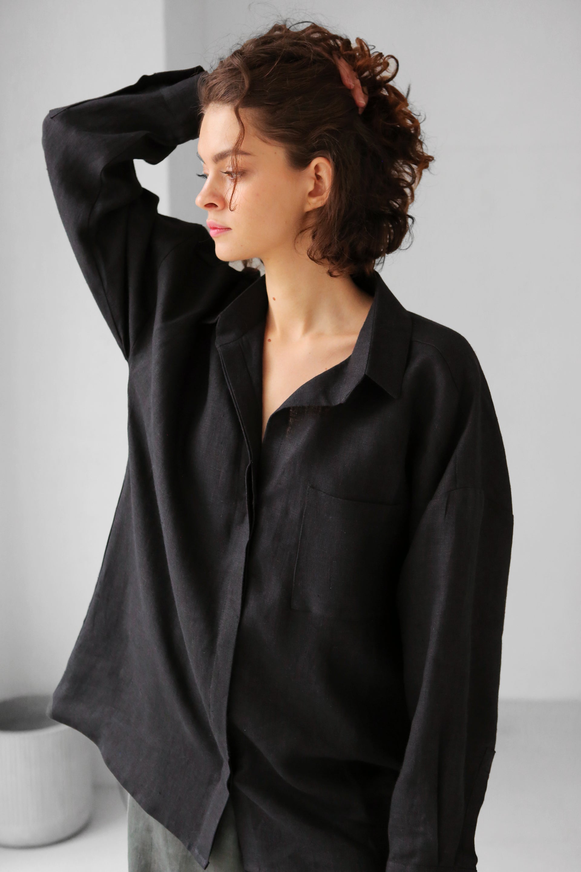Oversized Linen Shirt Azolla in Black Top for Women - gallery