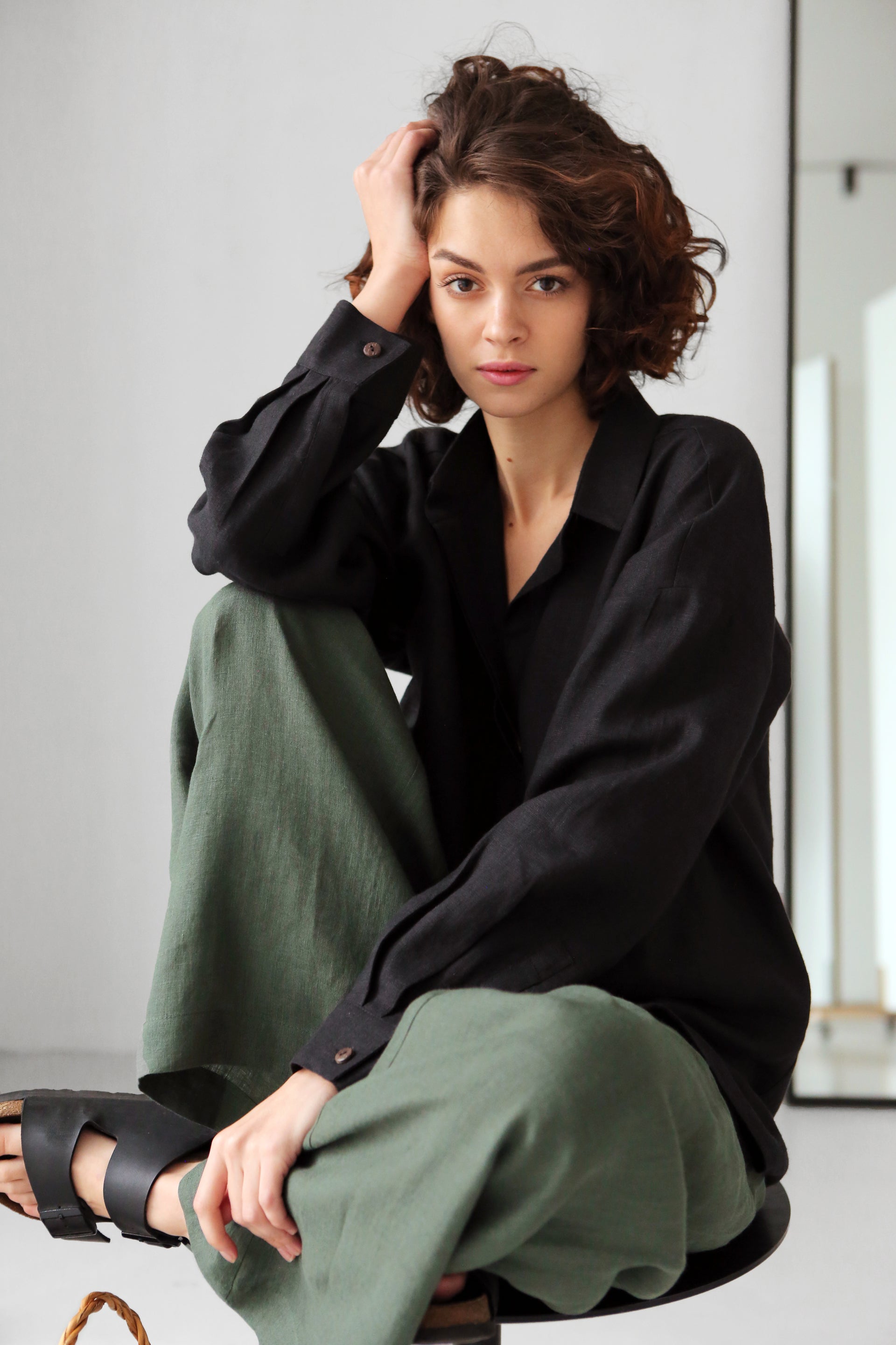 Oversized Linen Shirt Azolla in Black Top for Women - gallery