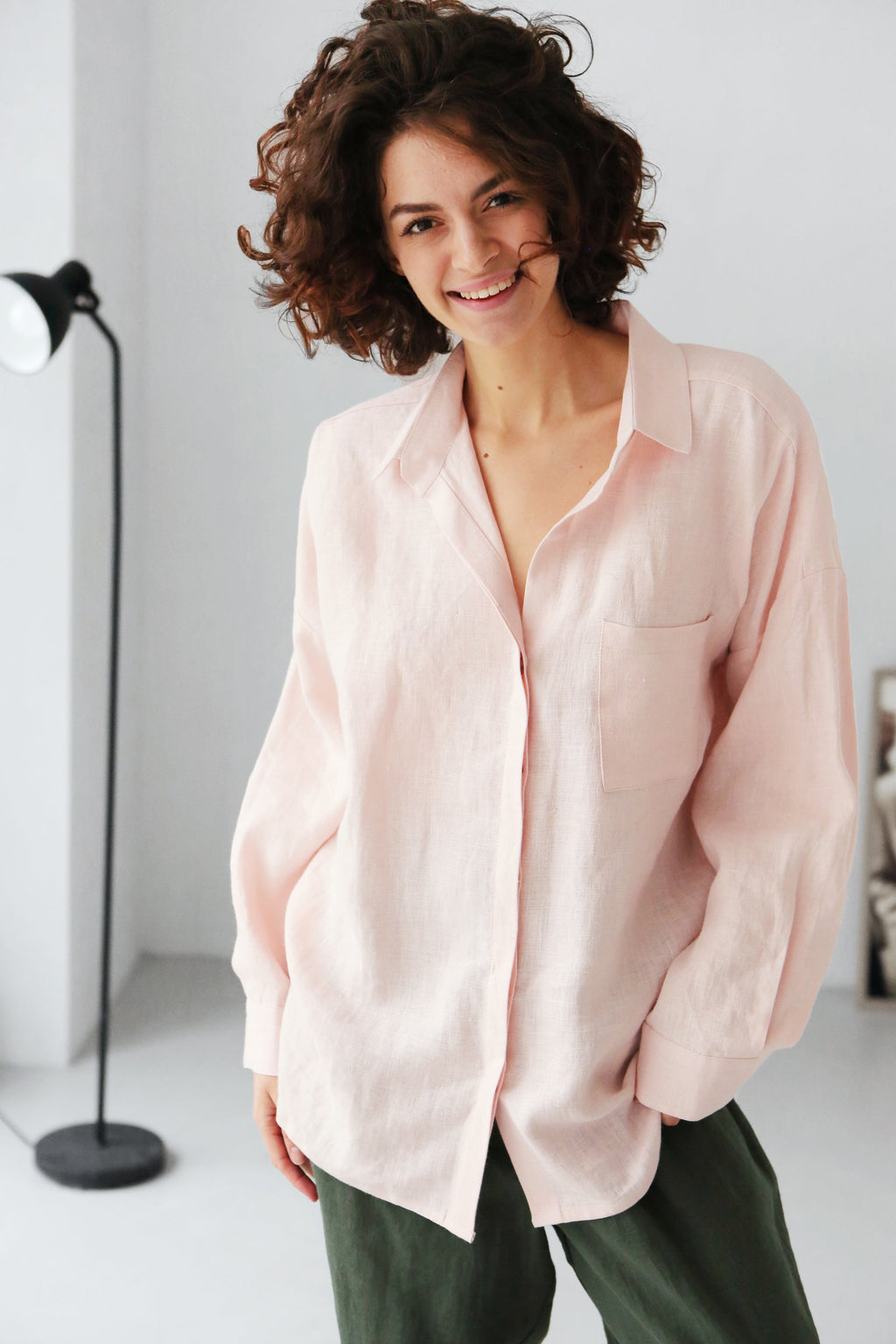 Oversized Linen Shirt Azolla in Light Pink Top for Women - gallery