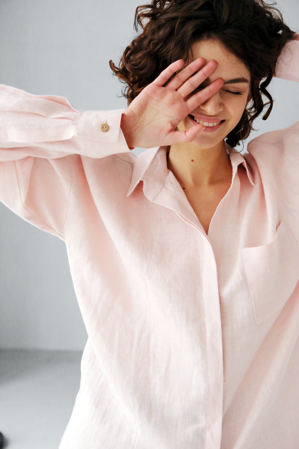 Oversized Linen Shirt Azolla in Light Pink Top for Women - gallery
