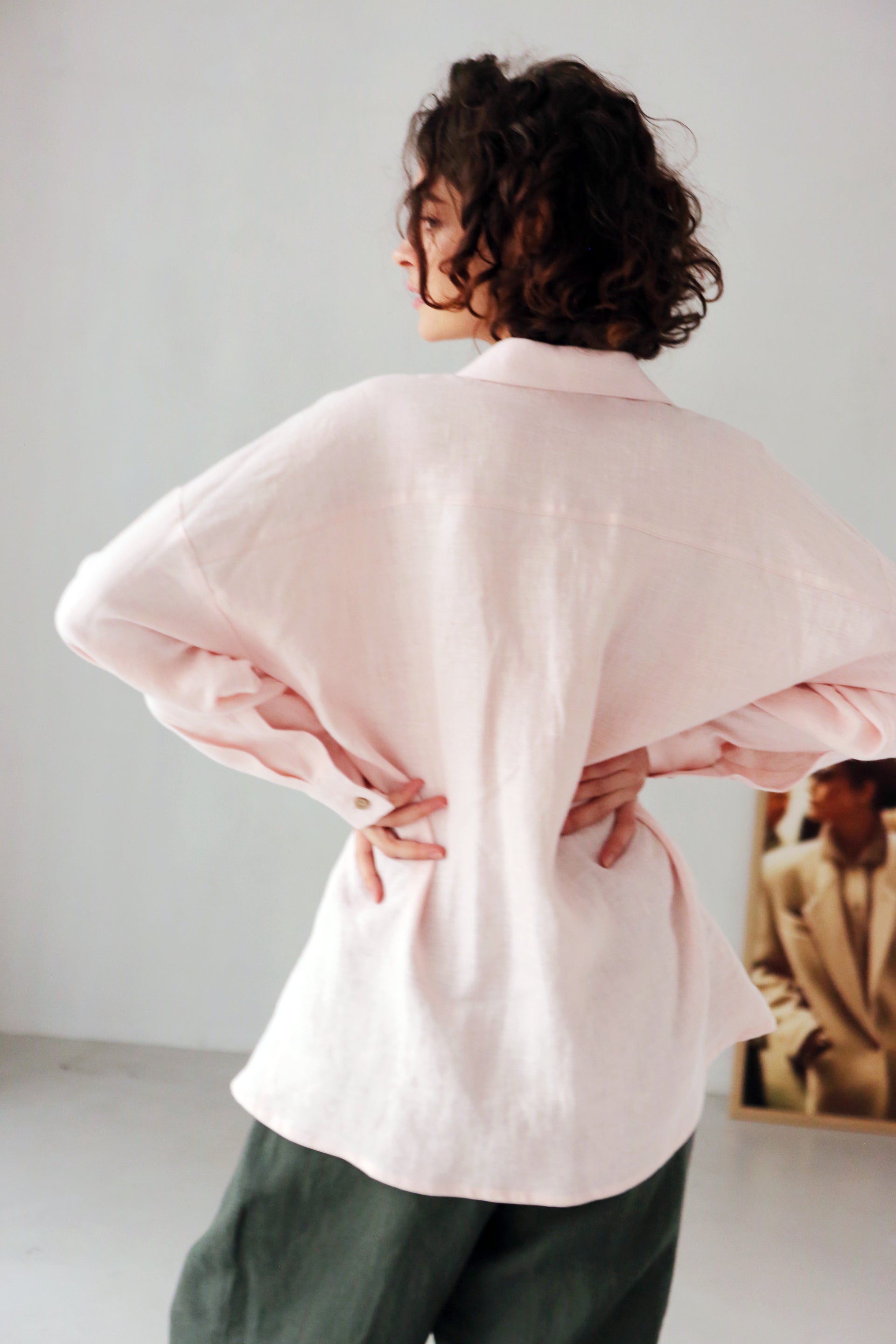 Oversized Linen Shirt Azolla in Light Pink Top for Women - gallery