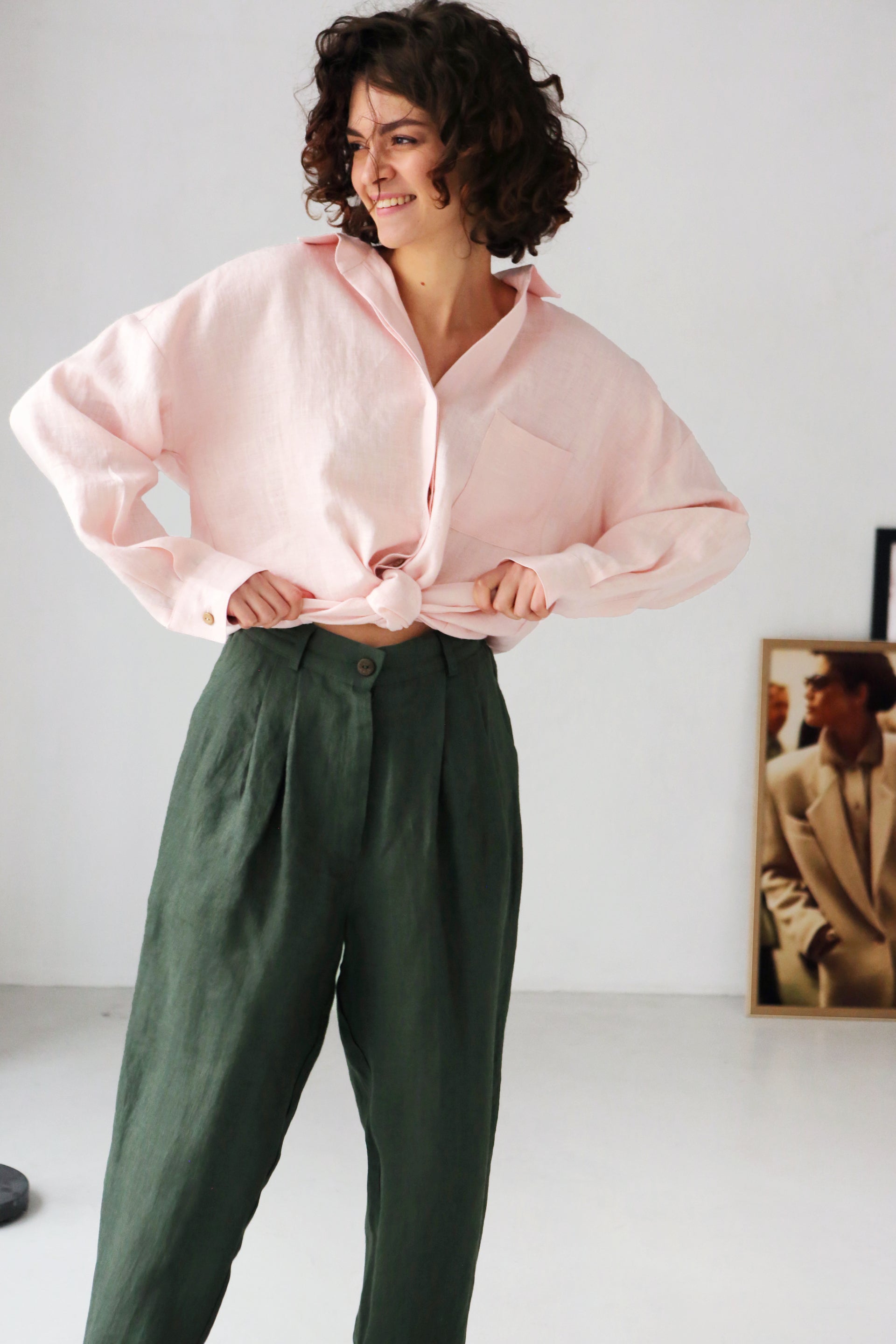 Oversized Linen Shirt Azolla in Light Pink Top for Women - gallery