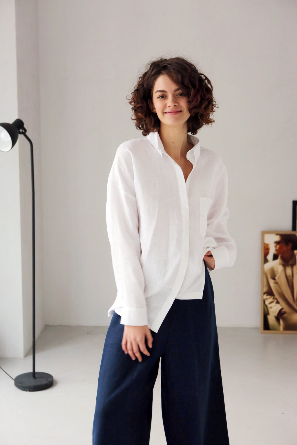 Oversized Linen Shirt Azolla in White Top for Women - gallery