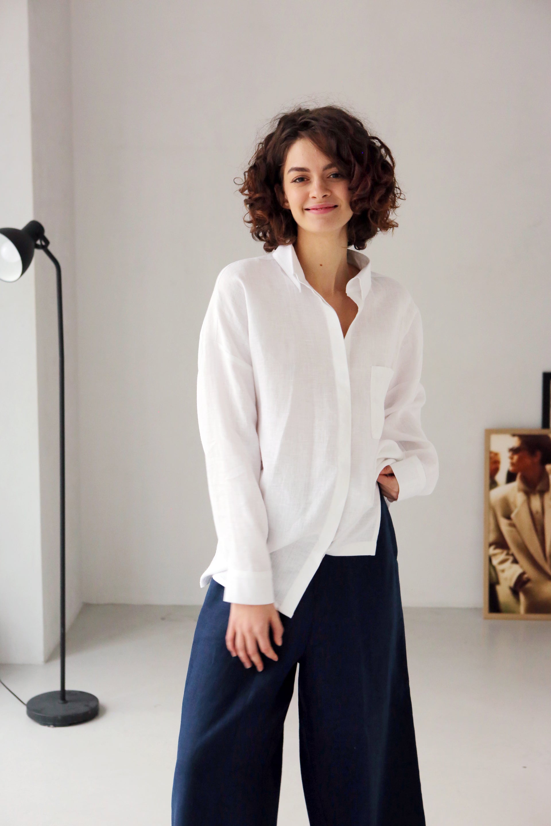 Oversized Linen Shirt Azolla in White Top for Women - gallery