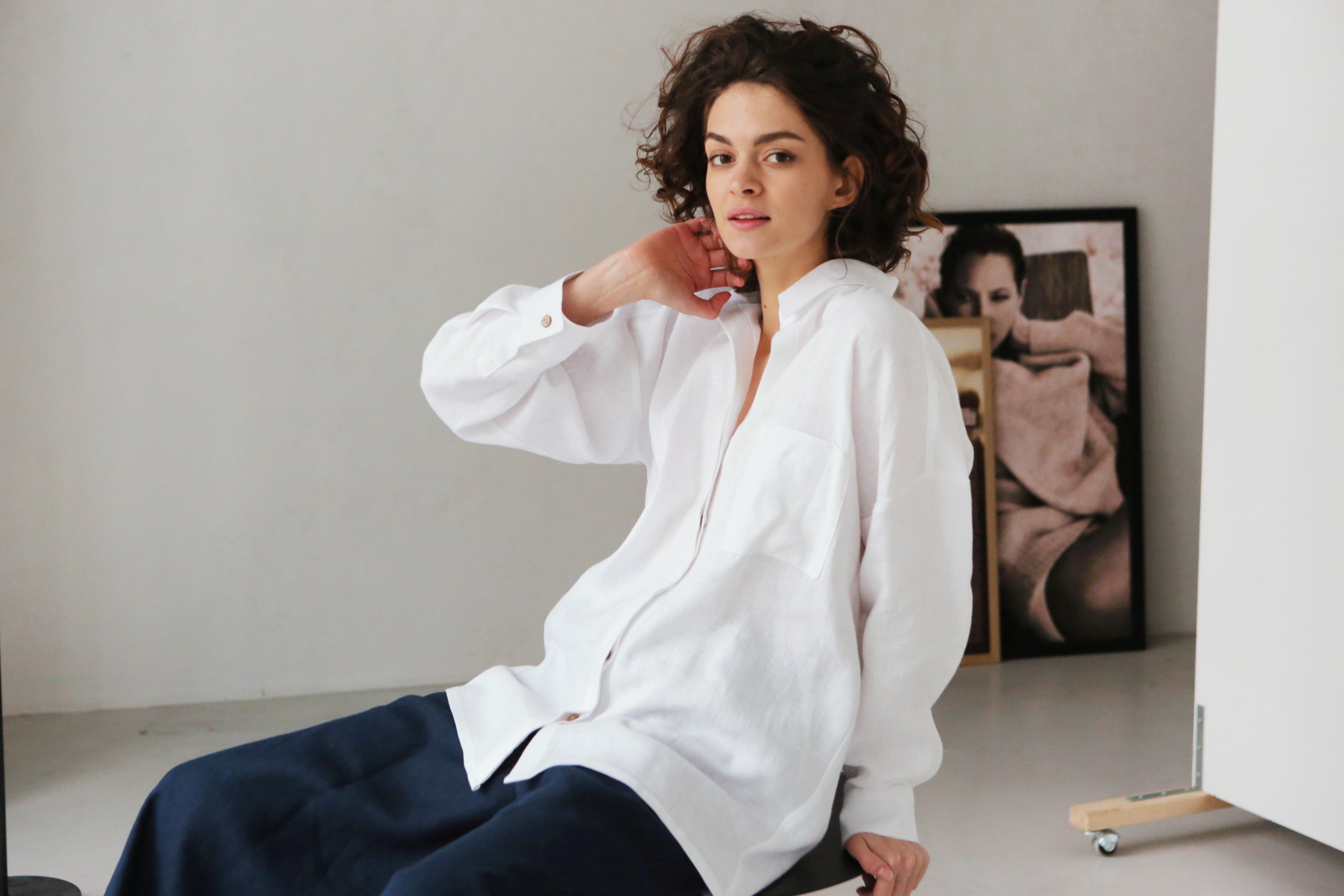 Oversized Linen Shirt Azolla in White Top for Women - gallery