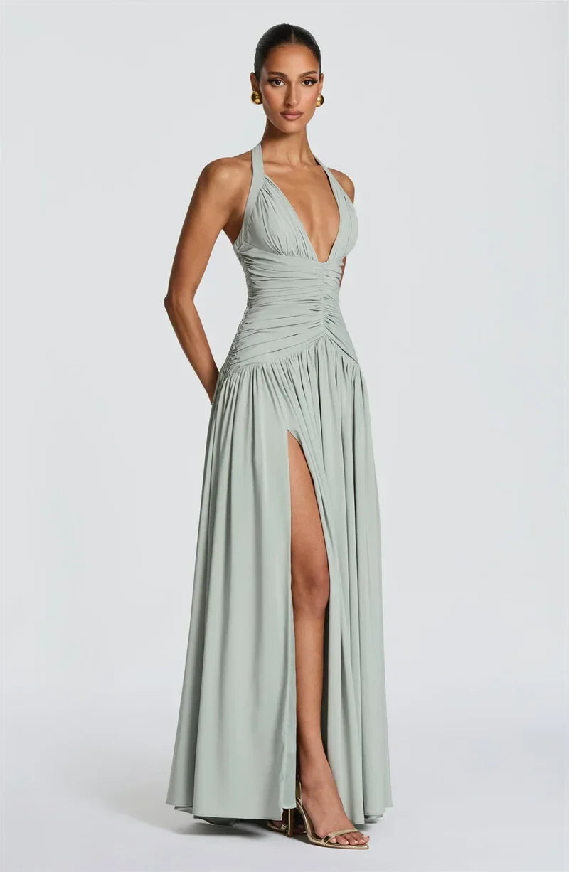 Elira Halter Neck Maxi Dress – Deep V Backless Evening Gown, Ruched High... — gallery