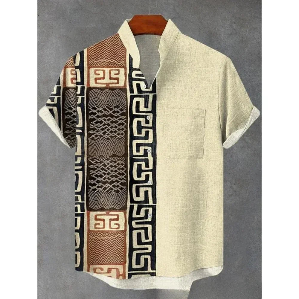 Summer Stand-Up Collar Ethnic Print Shirt for Men - gallery