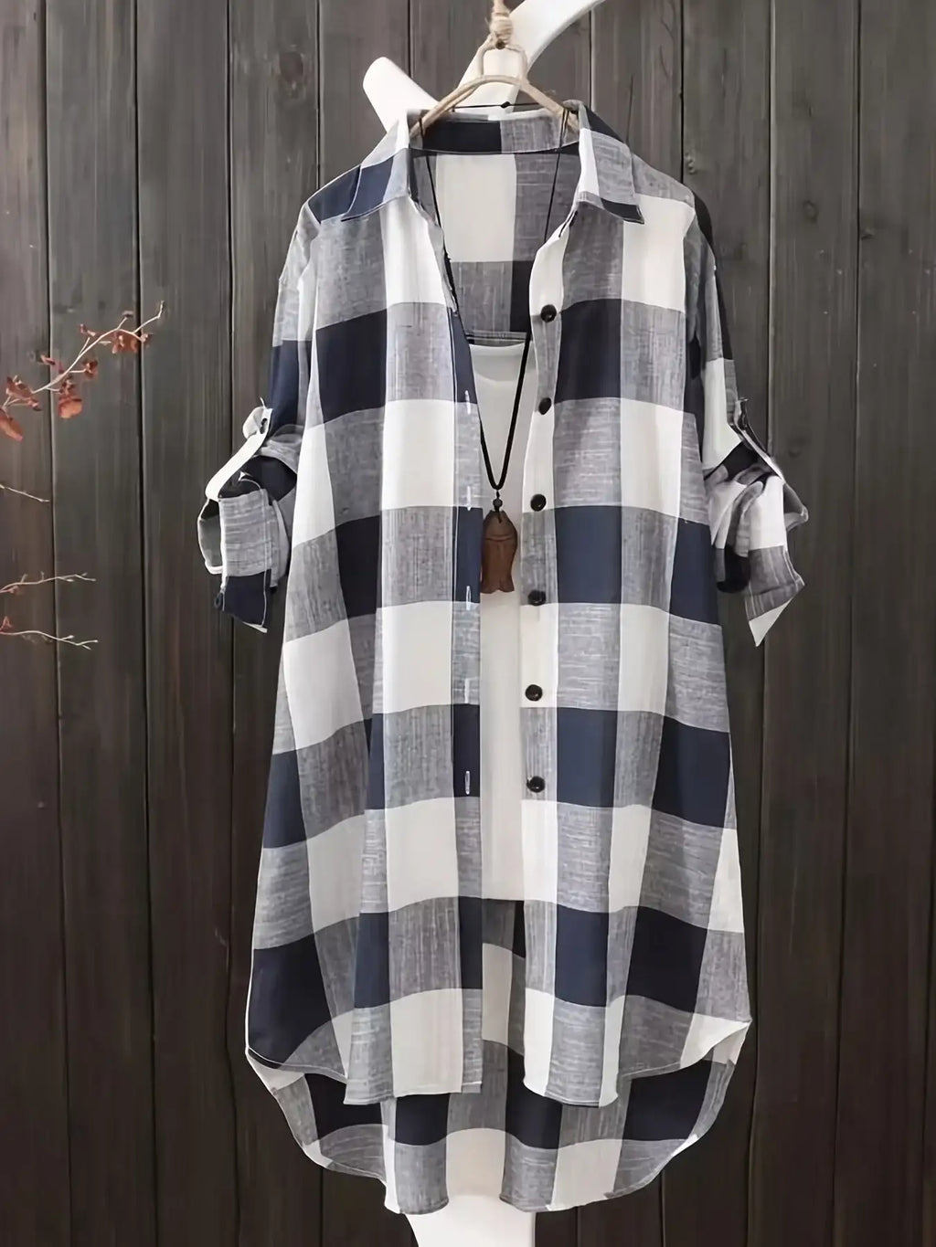 Loose Stripe Plaid Lightweight Long Sleeve Shirt Top for Women - White