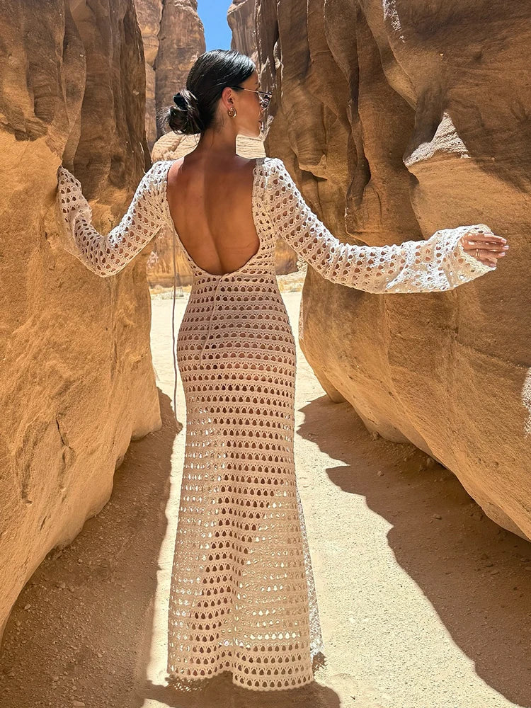 Zarevia Backless Crochet Knit Maxi Dress – Long Sleeve Sheer Swimwear Co... — gallery