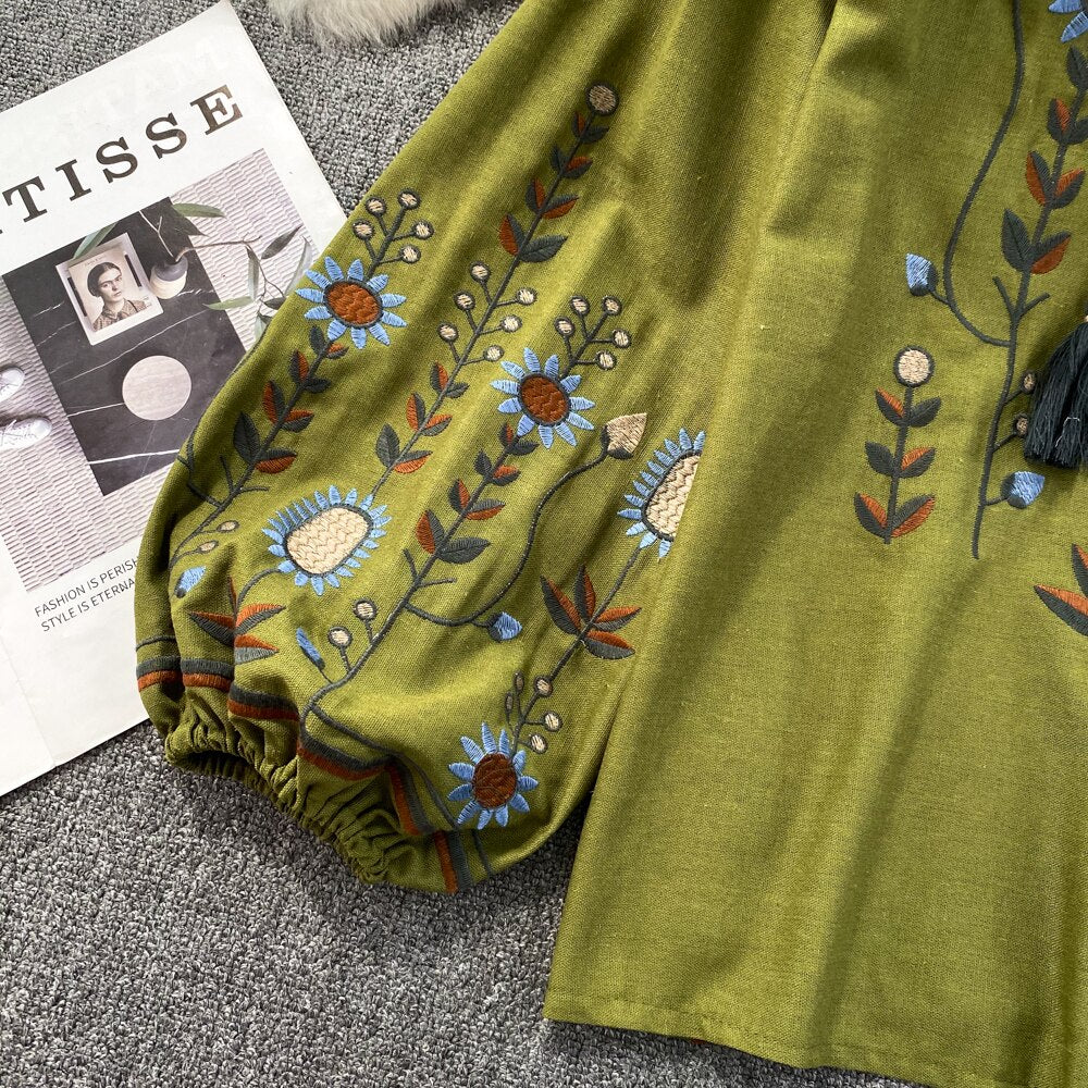 Embroidered O-Neck Loose Fit Blouse for Women - gallery