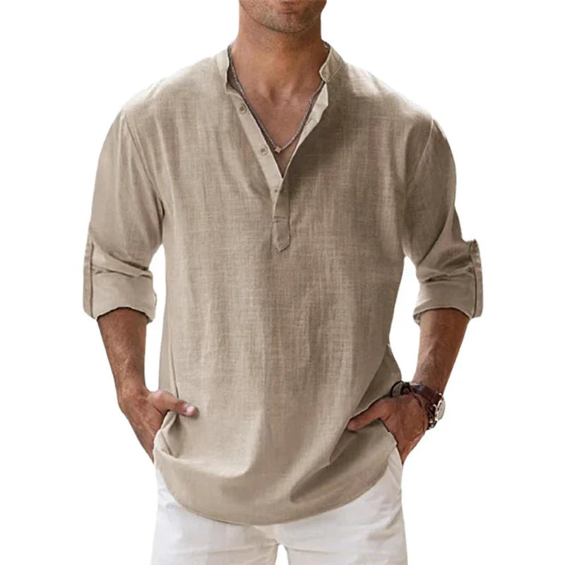Cotton Linen Henley Beach Shirt for Men