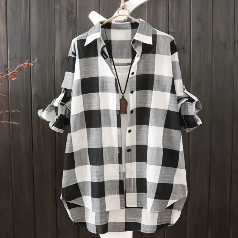 Loose Stripe Plaid Lightweight Long Sleeve Shirt Top for Women