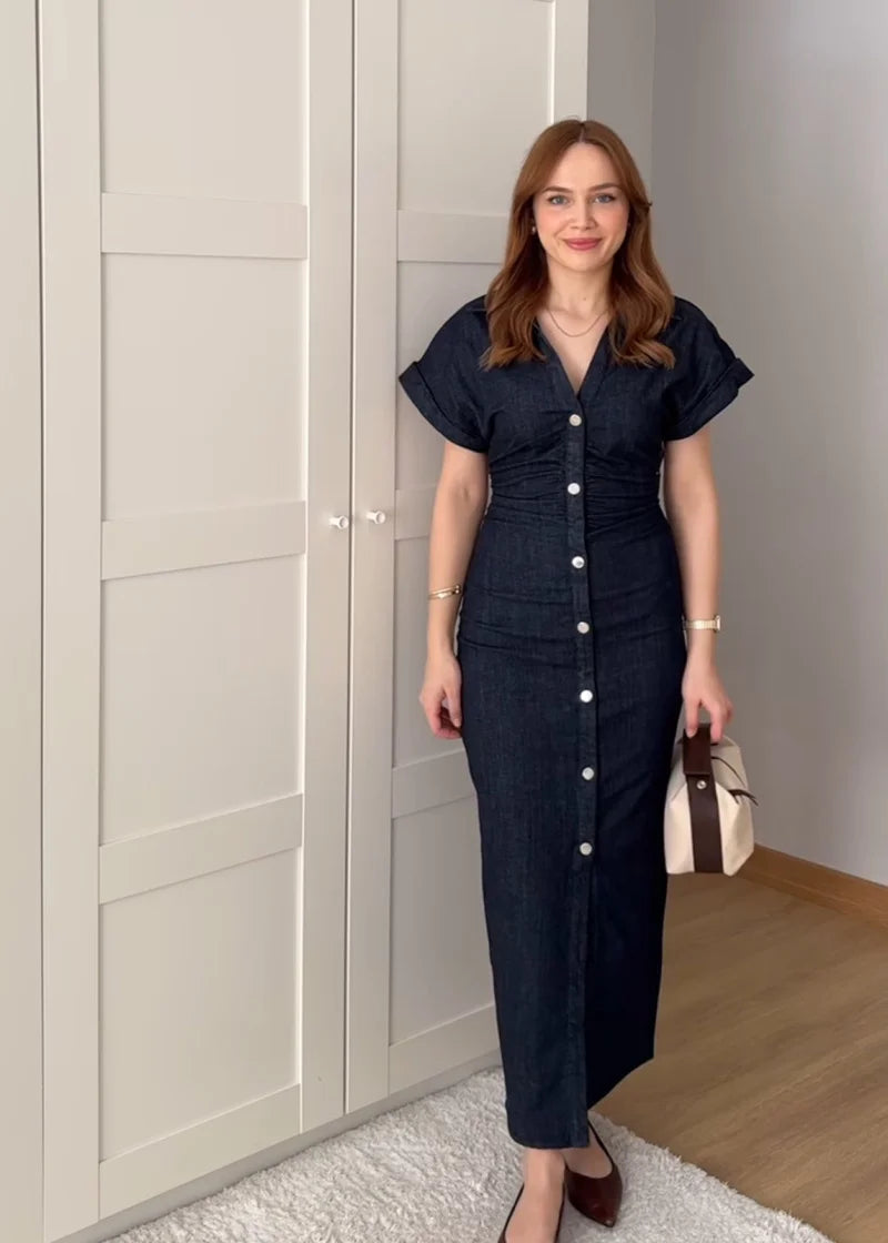 Snatched-Waist Denim Midi Dress for Women - gallery