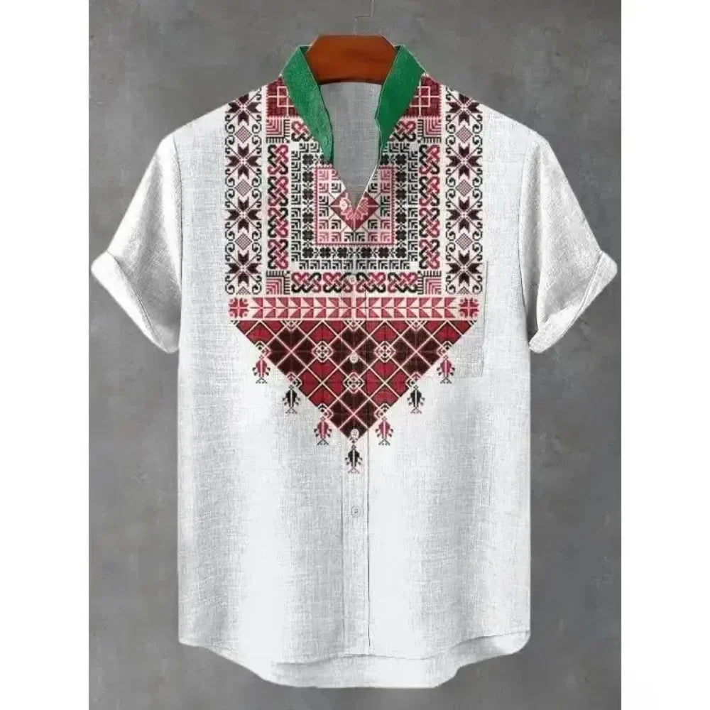 Summer Stand-Up Collar Ethnic Print Shirt for Men - gallery
