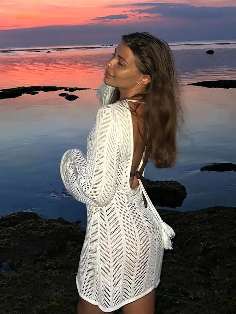 Zireya Backless Crochet Knit Mini Dress – Long Sleeve Sheer Swimwear Cov... — gallery