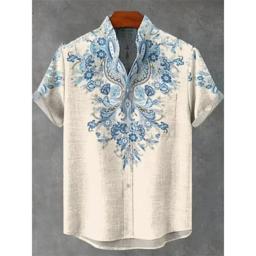 Summer Stand-Up Collar Ethnic Print Shirt for Men