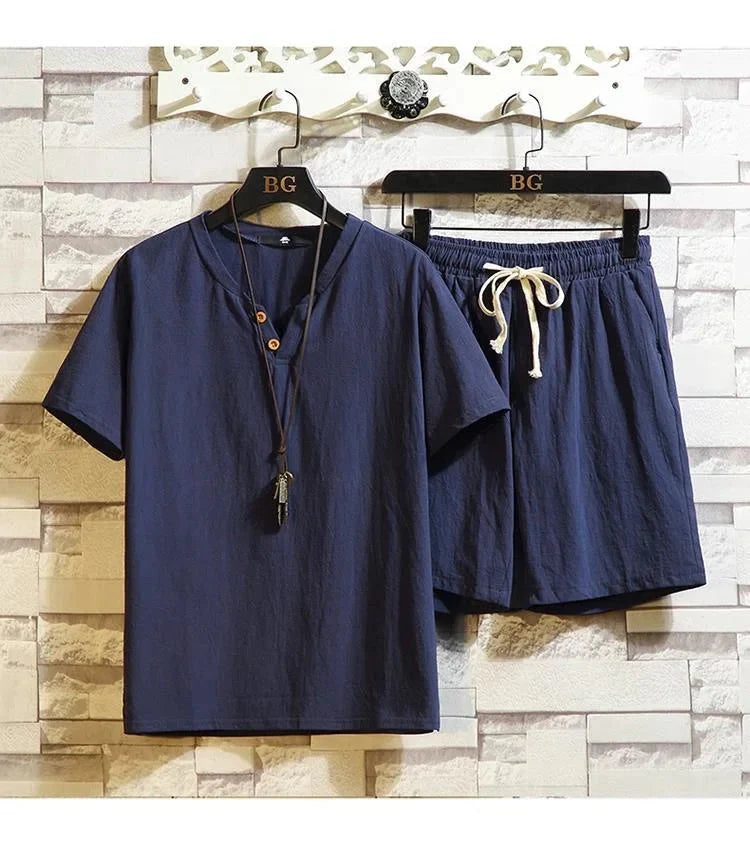 Two-Piece Cotton Linen T-Shirt and Shorts Set for Men
