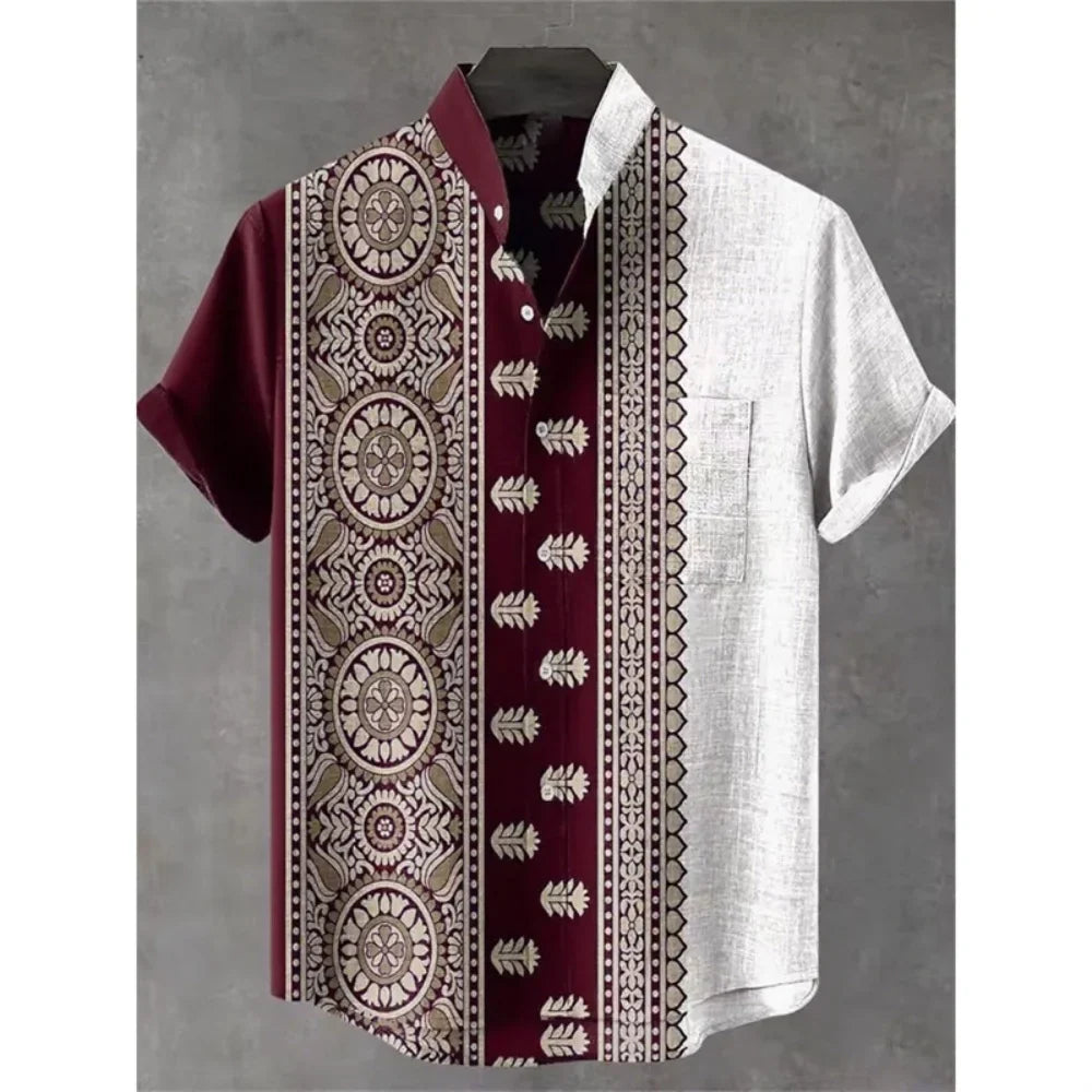 Summer Stand-Up Collar Ethnic Print Shirt for Men - gallery