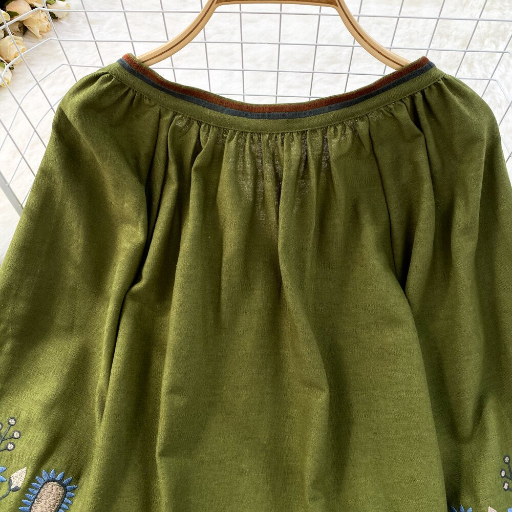 Embroidered O-Neck Loose Fit Blouse for Women - gallery