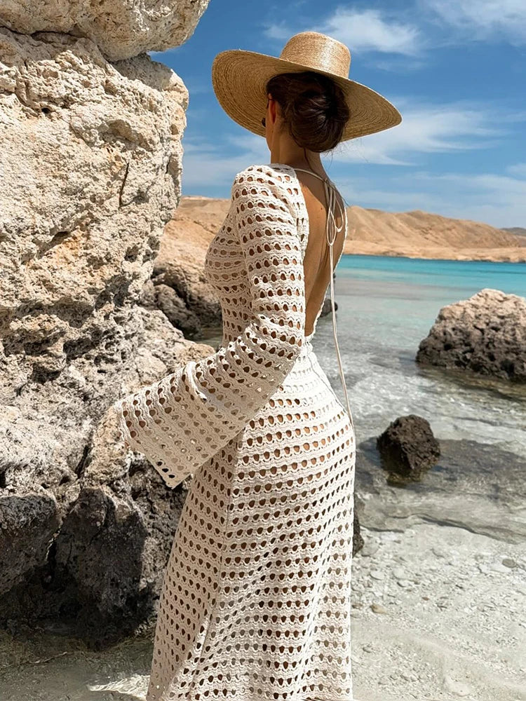 Zarevia Backless Crochet Knit Maxi Dress – Long Sleeve Sheer Swimwear Co... — gallery