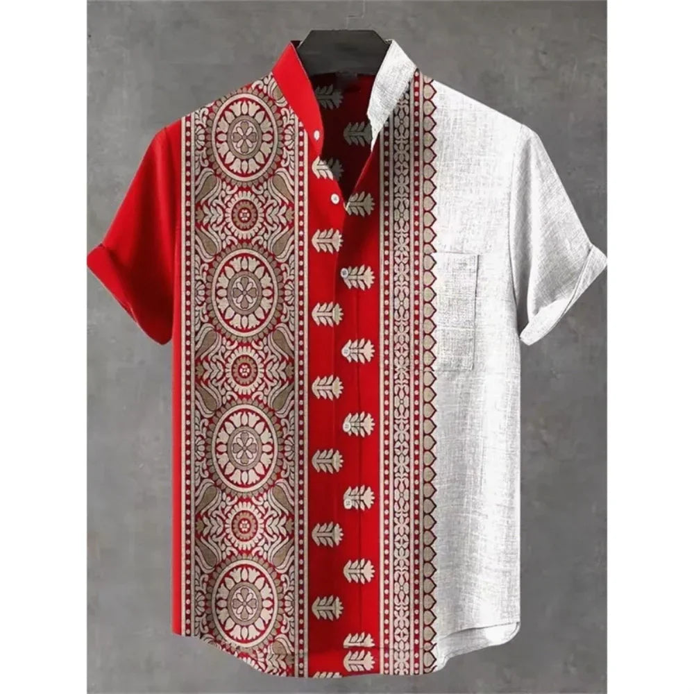 Summer Stand-Up Collar Ethnic Print Shirt for Men - gallery