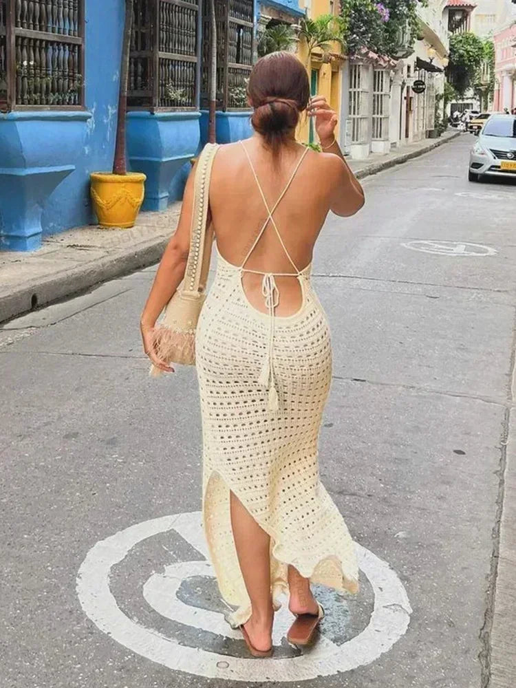 Sorelle Crochet Backless Maxi Dress – Strappy Knit Beach Dress with Side... — gallery