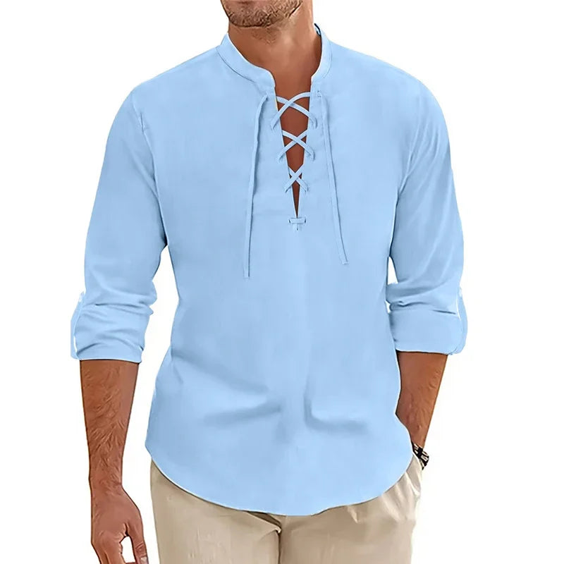 Lagon Cotton and Linen Shirt with Lace Detail for Men - Blue