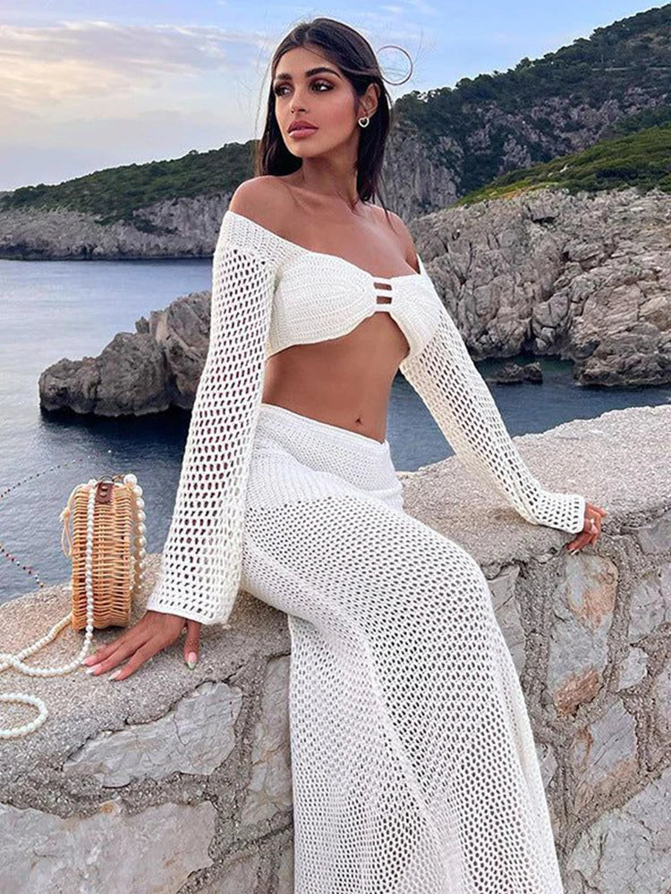 Seraya Crochet Two-Piece Maxi Skirt Set – Long Sleeve Cut Out Top Backless... — gallery