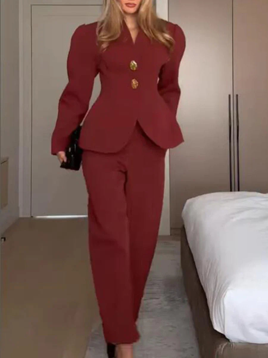 Stand Collar Gold Button Blazer & Trouser Set Trousers for Women - gallery