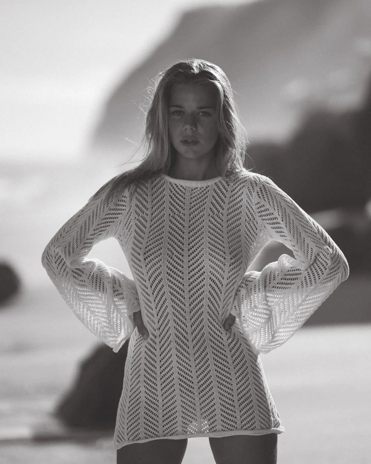 Zireya Backless Crochet Knit Mini Dress – Long Sleeve Sheer Swimwear Cov... — gallery