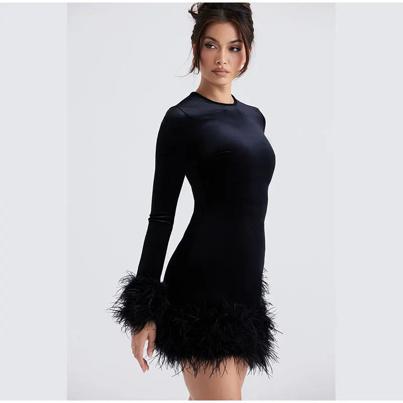 Elegant Sheath Dress with Feather-Trimmed Sleeves