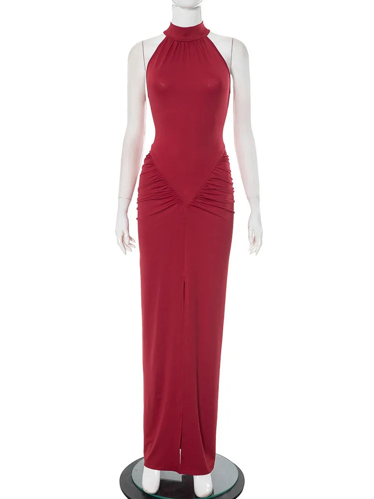 Elegant Draped Evening Dress for Women - Red