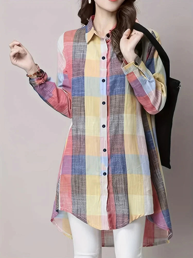 Loose Stripe Plaid Lightweight Long Sleeve Shirt Top for Women - gallery