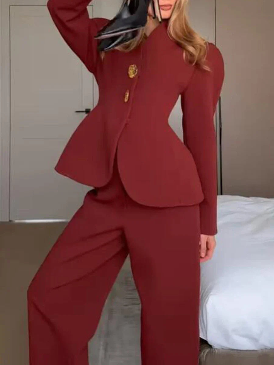 Stand Collar Gold Button Blazer & Trouser Set Trousers for Women - gallery