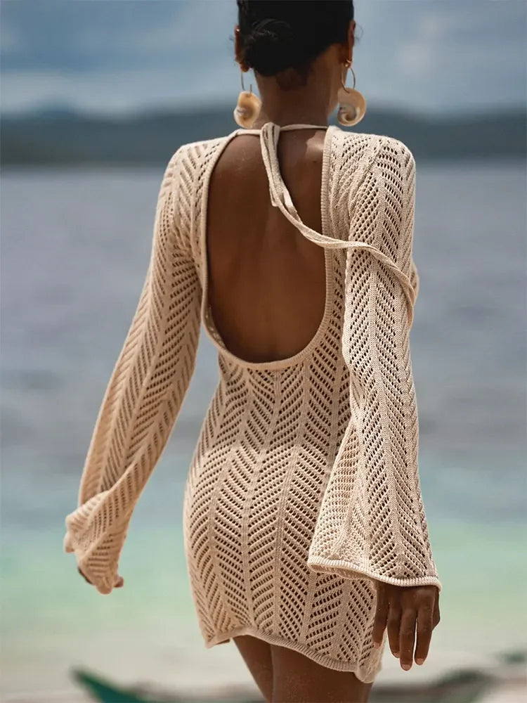 Zireya Backless Crochet Knit Mini Dress – Long Sleeve Sheer Swimwear Cov... — Beige