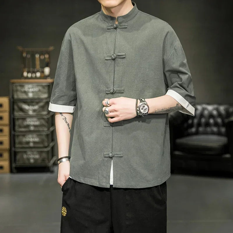Chinese Style Kimono Shirt for Men - Green