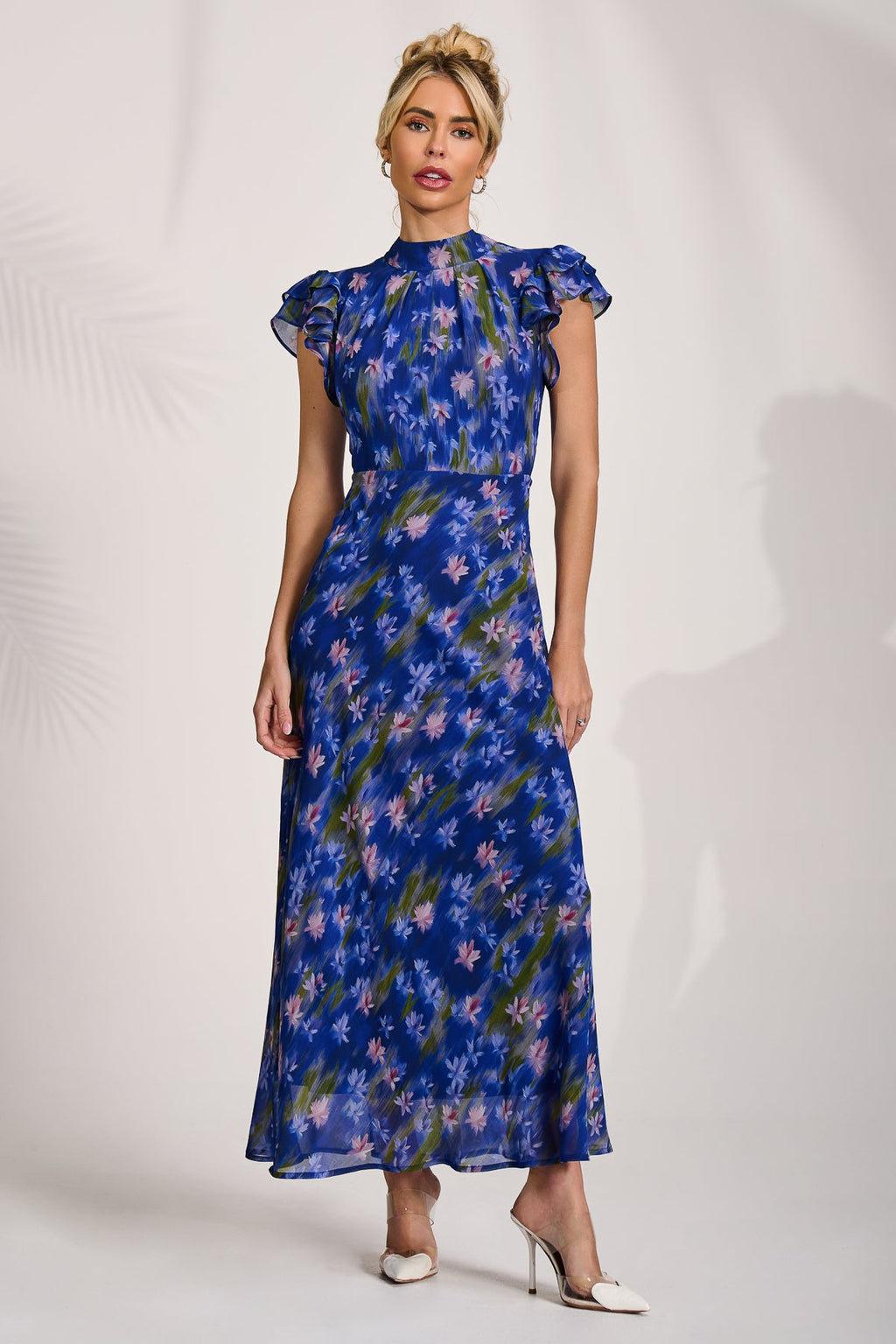 High Neck Ruffle Sleeve Chiffon Maxi Dress, Royal Floral for Women