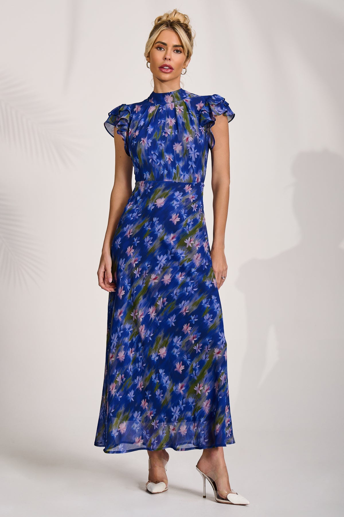 High Neck Ruffle Sleeve Chiffon Maxi Dress, Royal Floral for Women