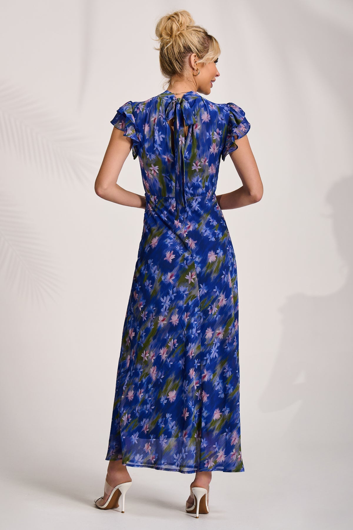 High Neck Ruffle Sleeve Chiffon Maxi Dress, Royal Floral for Women - gallery