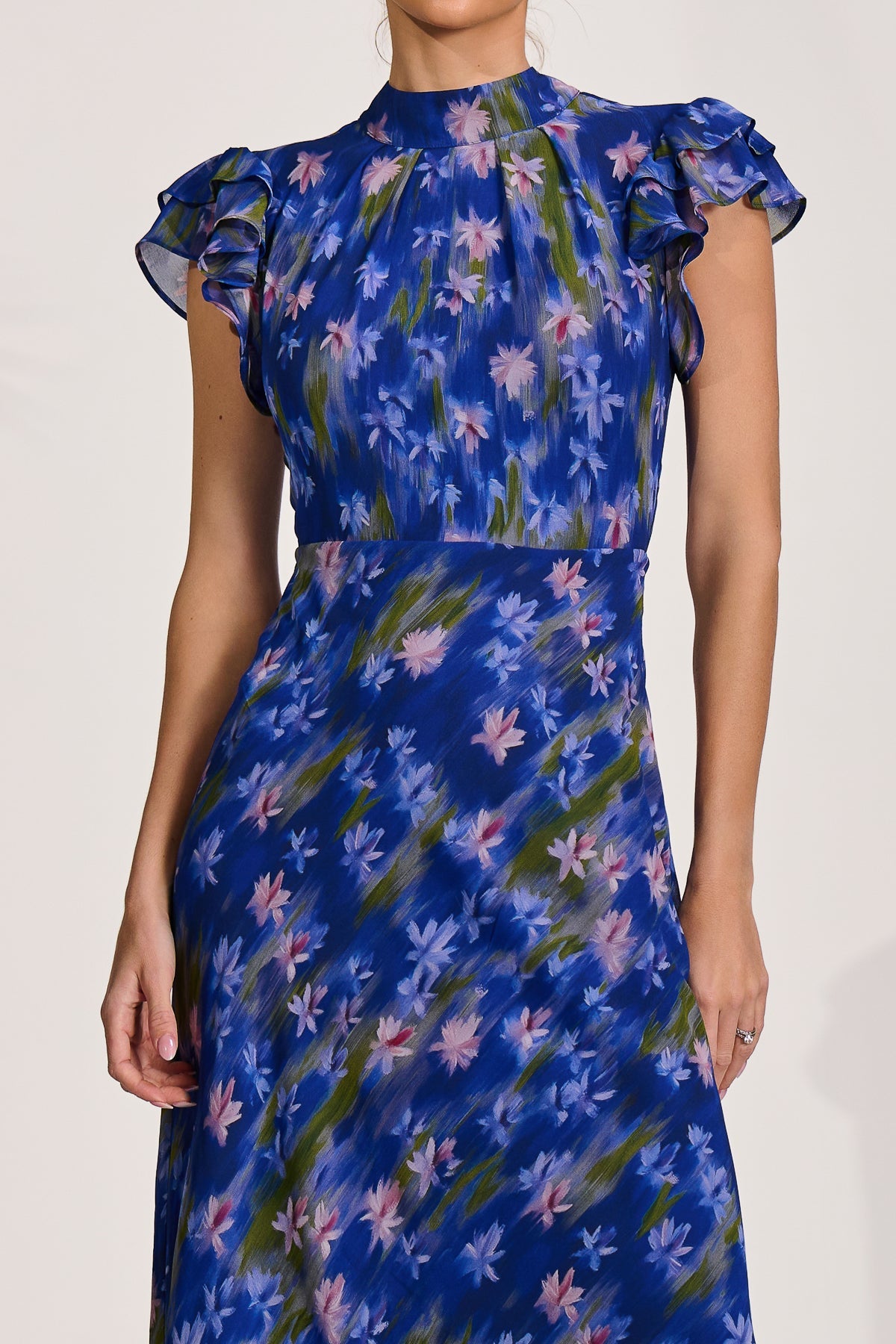High Neck Ruffle Sleeve Chiffon Maxi Dress, Royal Floral for Women - gallery
