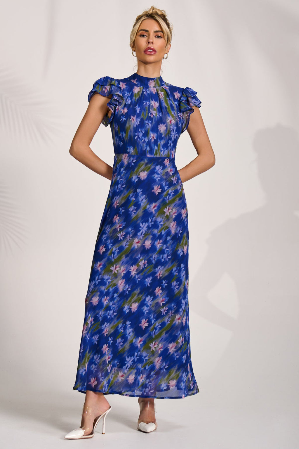 High Neck Ruffle Sleeve Chiffon Maxi Dress, Royal Floral for Women - gallery