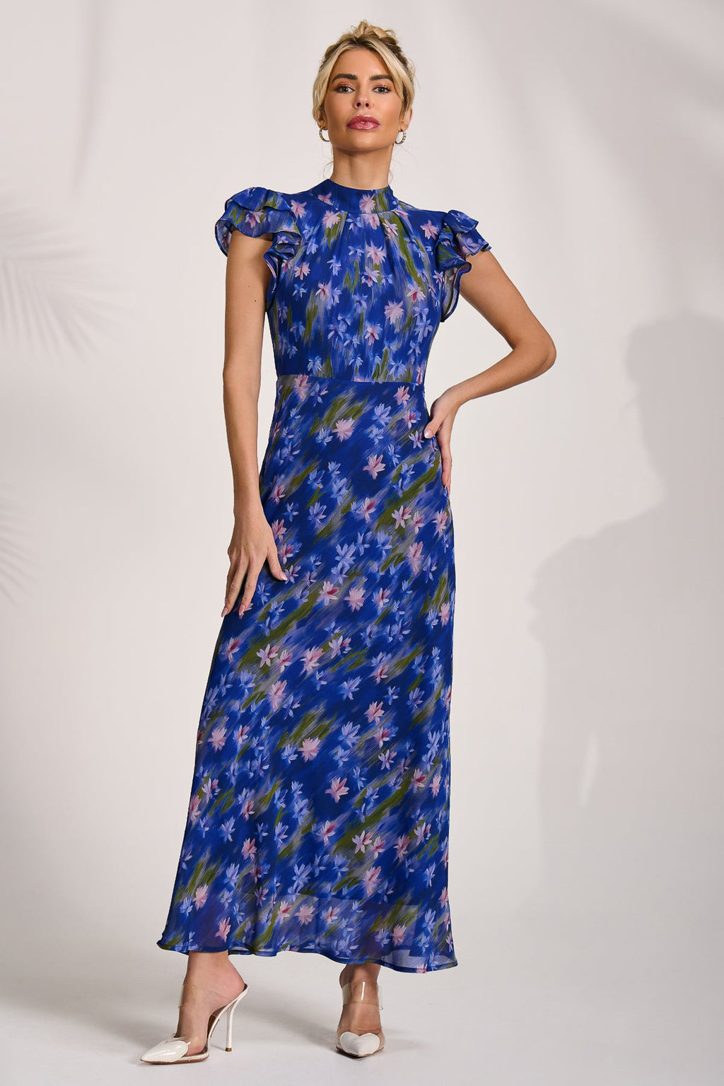 High Neck Ruffle Sleeve Chiffon Maxi Dress, Royal Floral for Women - gallery