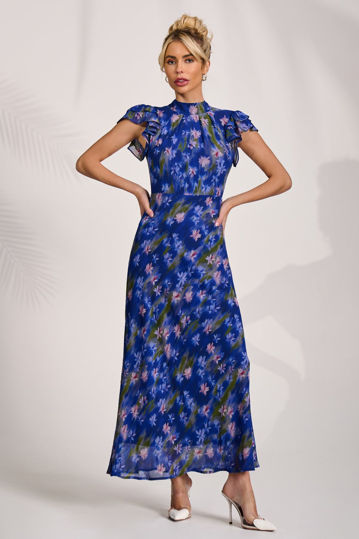 High Neck Ruffle Sleeve Chiffon Maxi Dress, Royal Floral for Women - gallery