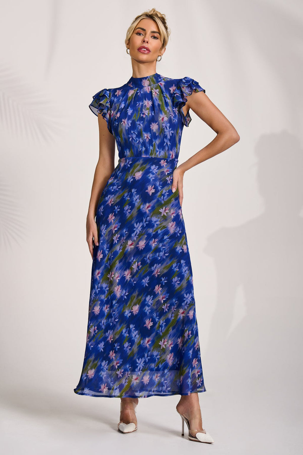 High Neck Ruffle Sleeve Chiffon Maxi Dress, Royal Floral for Women - gallery
