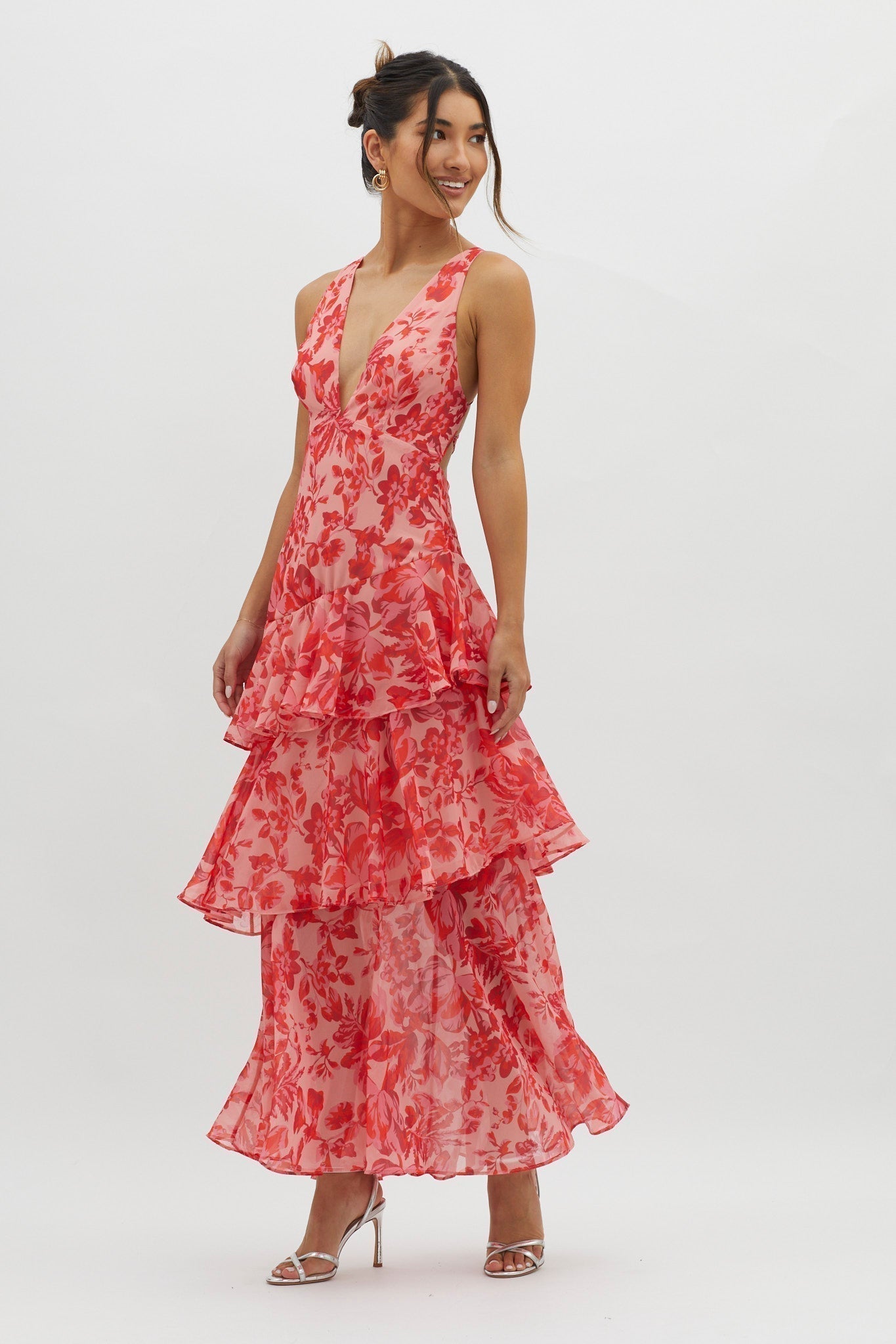 Floral Tiered Maxi Dress Deep V Neck Ruffle for Women