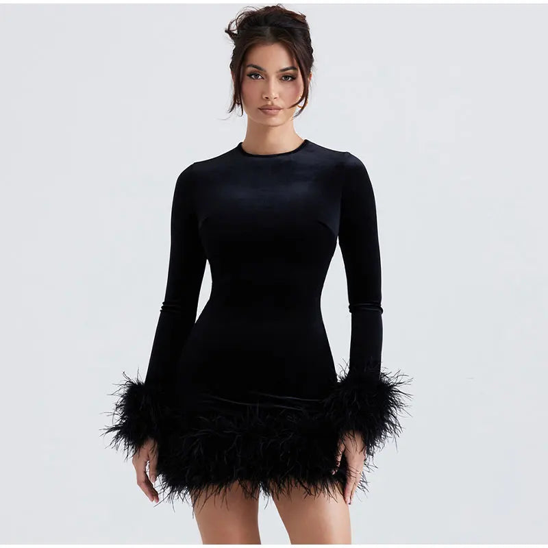 Elegant Sheath Dress with Feather-Trimmed Sleeves