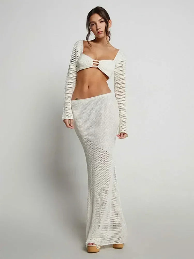 Seraya Crochet Two-Piece Maxi Skirt Set – Long Sleeve Cut Out Top Backless... — gallery