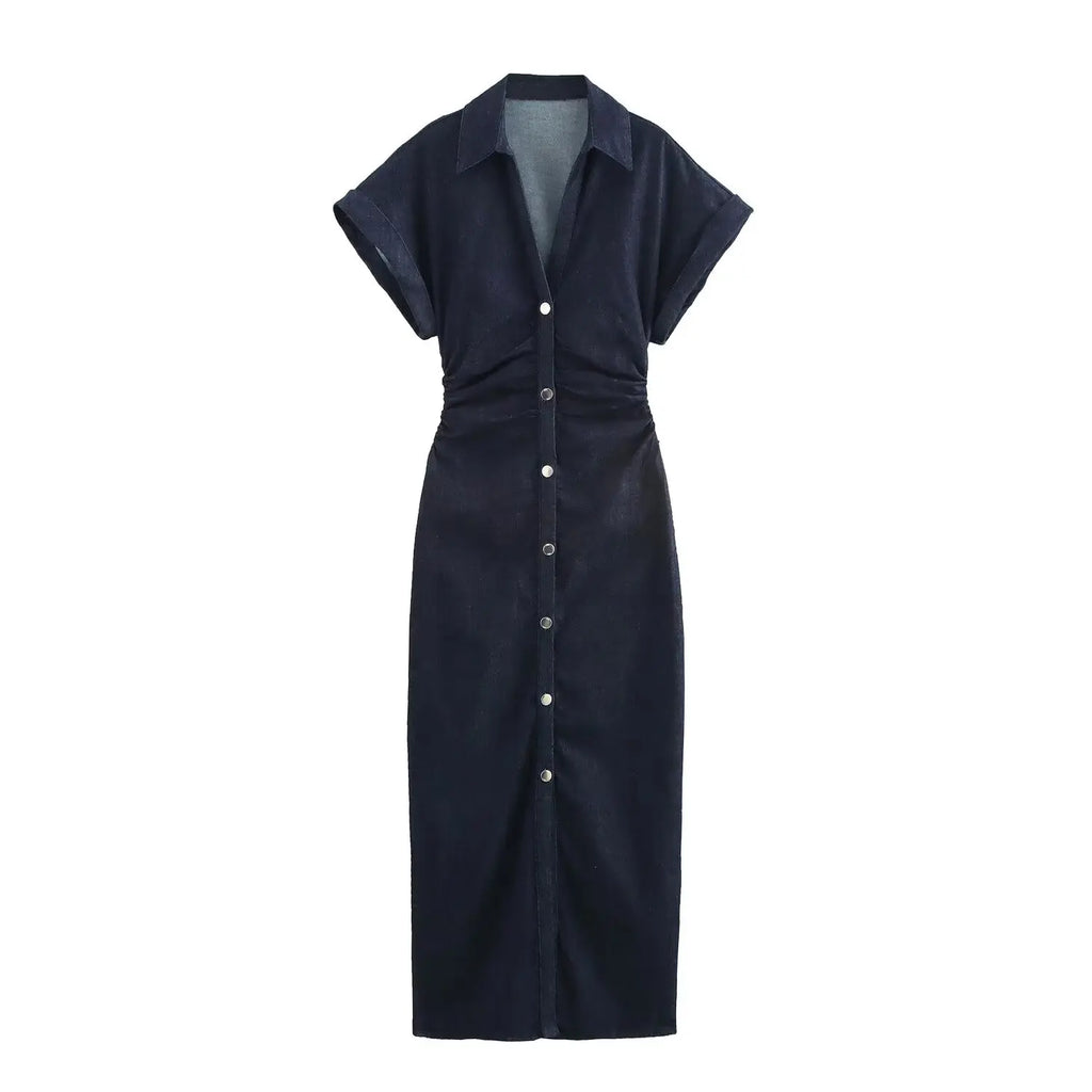 Snatched-Waist Denim Midi Dress for Women - Dark Blue