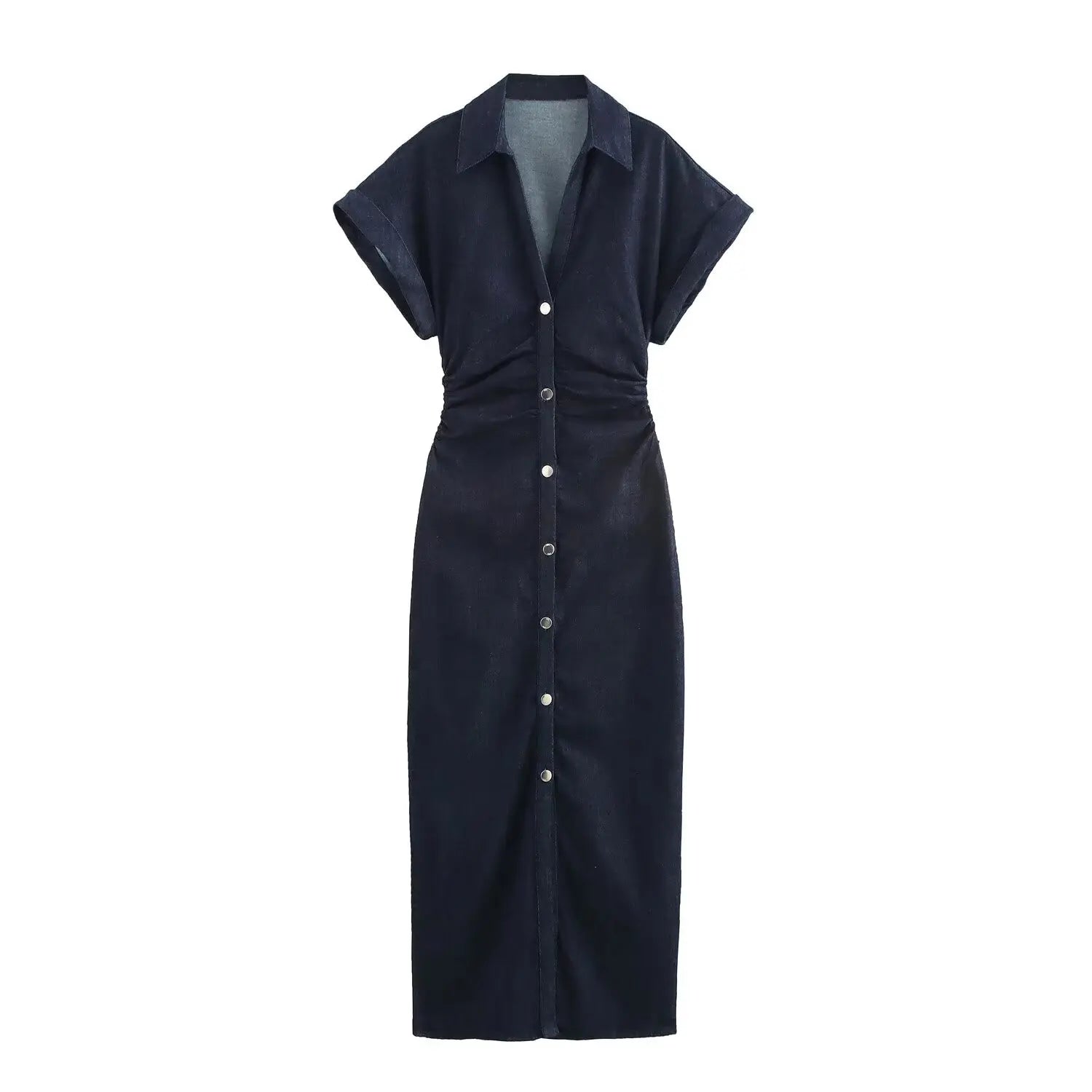 Snatched-Waist Denim Midi Dress for Women - Dark Blue